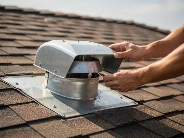 Poinciana Dryer Vent Cleaning certified technician safely cleaning a roof-mounted dryer vent in Poinciana