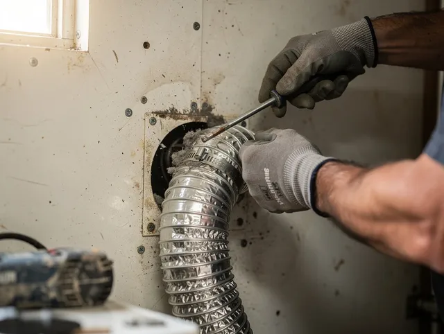 Poinciana Dryer Vent Cleaning technician performing precise dryer vent hose installation in Poinciana